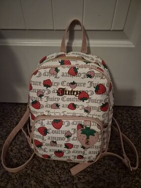 Juicy Couture White Strawberry Print Mini Backpack with Pink Trim